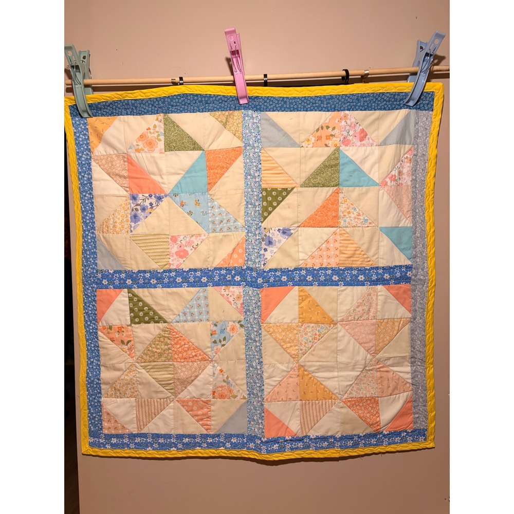 Handmade Scrappy Sampler Baby Quilt Wall Art Cotton Patchwork 35x35 Colorful